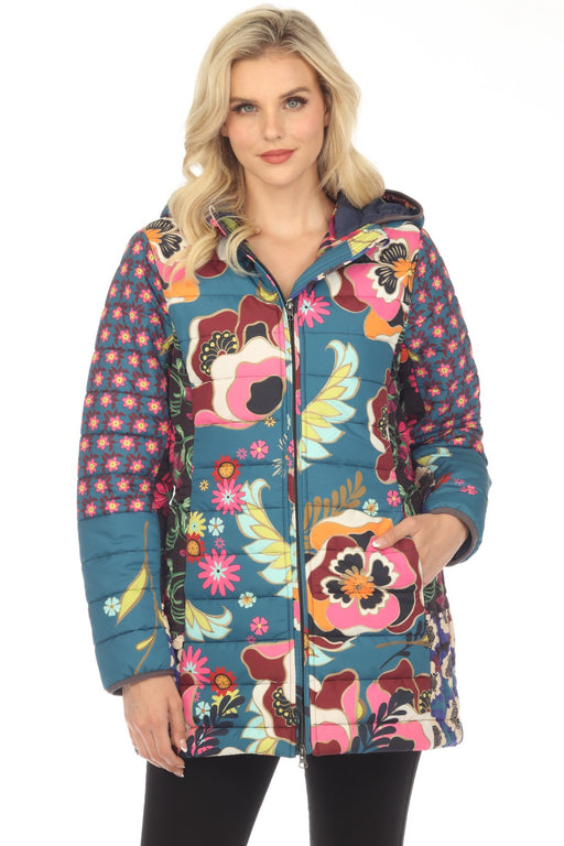 Johnny Was Style C49223 Hazel Mixed Print Zip Front Hooded Puffer Jacket Boho Chic