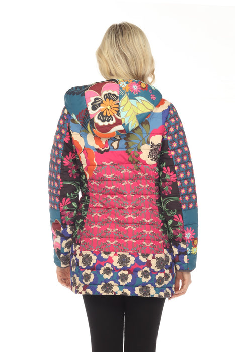 Johnny Was Hazel Mixed Print Zip Front Hooded Puffer Jacket Boho Chic C49223