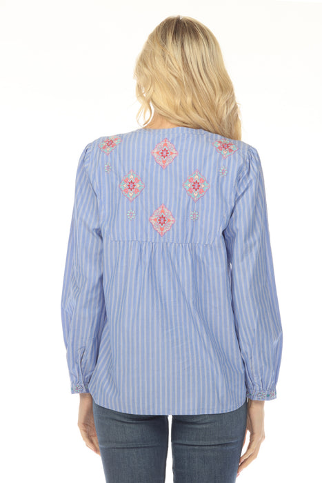 Johnny Was Blue Henley Stripe Embroidered Blouse W13524-7