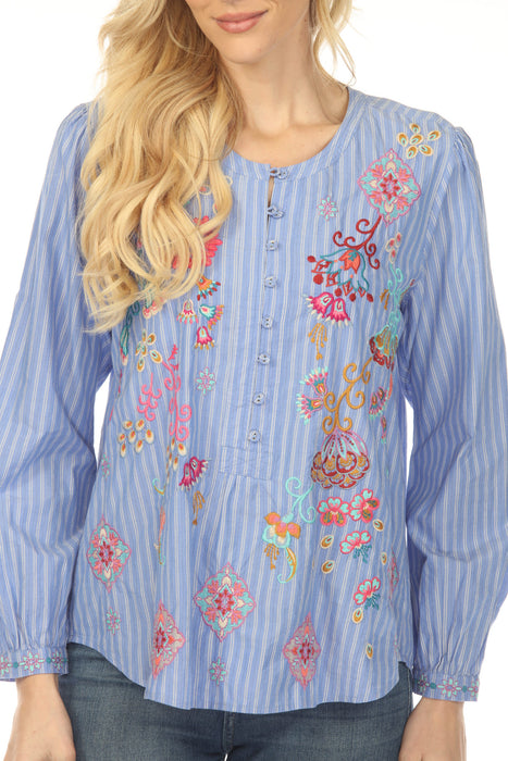 Johnny Was Blue Henley Stripe Embroidered Blouse W13524-7