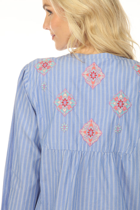 Johnny Was Blue Henley Stripe Embroidered Blouse W13524-7