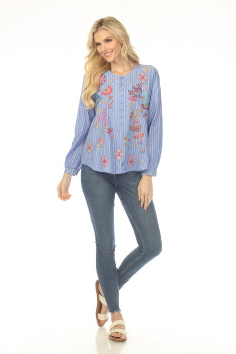 Johnny Was Blue Henley Stripe Embroidered Blouse W13524-7