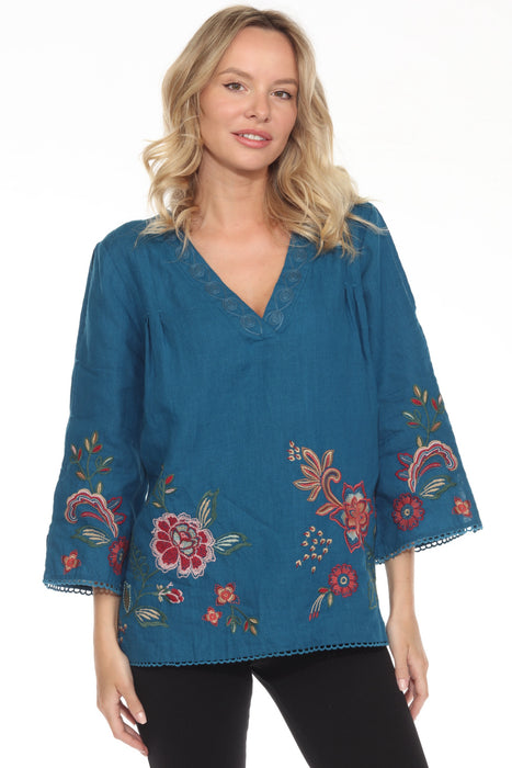 Johnny Was Style R16124-8 Ink Blue Messine V-Neck Top With Side Slits