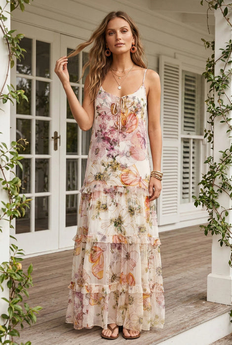 Woman wearing a floral maxi dress with tiered ruffle skirt and spaghetti straps from Johnny Was