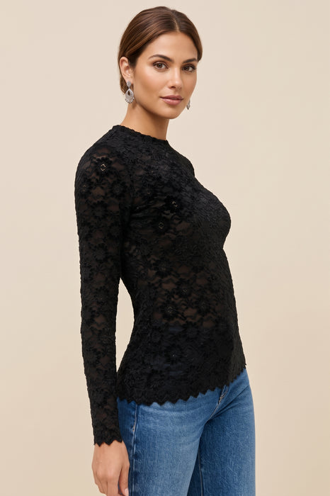 Johnny Was Jade Black Natalie Long Sleeve Stretch Lace Tee L14125-O
