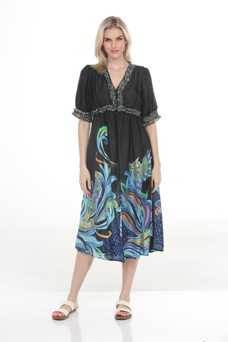 Johnny Was Jade Black V-Neck Silk Midi Dress LD0424
