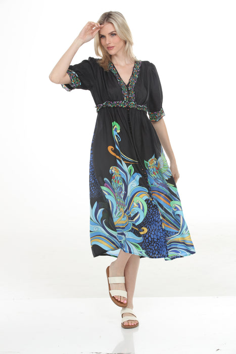 Johnny Was Jade Black V-Neck Silk Midi Dress LD0424