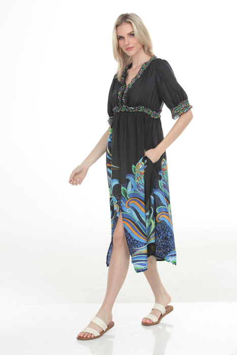 Johnny Was Jade Black V-Neck Silk Midi Dress LD0424