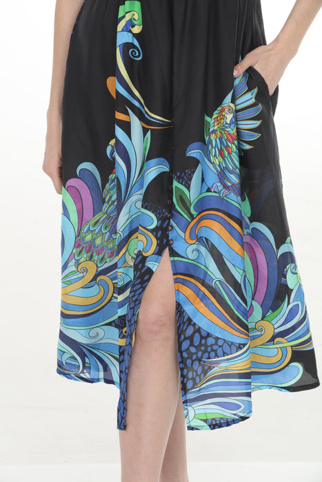 Johnny Was Jade Black V-Neck Silk Midi Dress LD0424