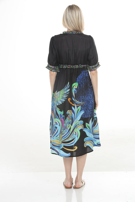 Johnny Was Jade Black V-Neck Silk Midi Dress LD0424