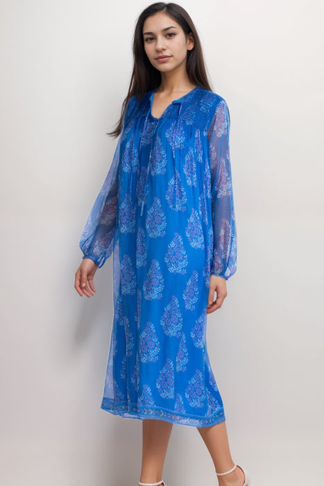 Johnny Was Jade Blue Blaire Floral Silk Midi Dress L35425-2