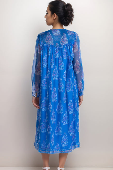 Johnny Was Jade Blue Blaire Floral Silk Midi Dress L35425-2