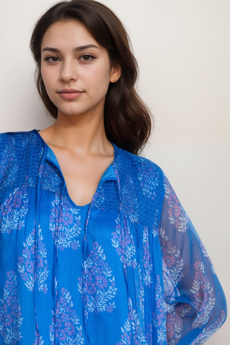 Johnny Was Jade Blue Blaire Floral Silk Midi Dress L35425-2