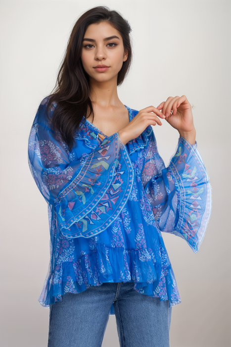 Johnny Was Jade Blue Gal Ruffle Tie Floral Silk Blouse L19925-2