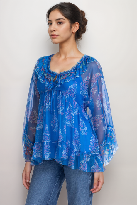 Johnny Was Jade Blue Gal Ruffle Tie Floral Silk Blouse L19925-2