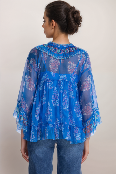 Johnny Was Jade Blue Gal Ruffle Tie Floral Silk Blouse L19925-2