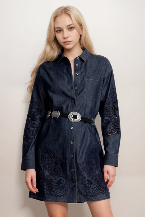 Johnny Was Jade Dark Blue Katella Denim Shirt Mini Dress L33425-2