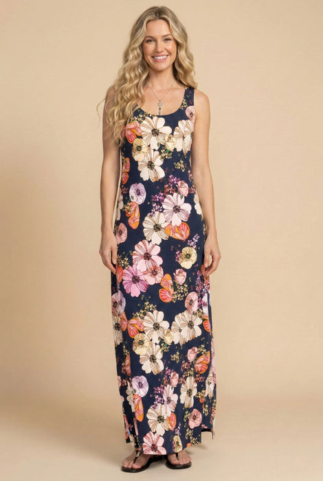 Woman wearing a sleeveless floral maxi dress with scoop neck from Johnny Was