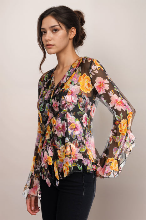 Johnny Was Jade Kylie Floral Silk Ruffle Blouse L18225-1
