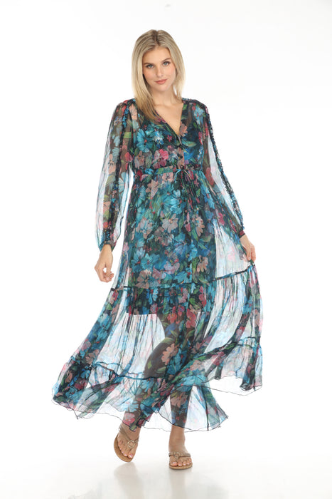 Johnny Was Jade Blue Mabel Floral Silk Maxi Dress L32524-E
