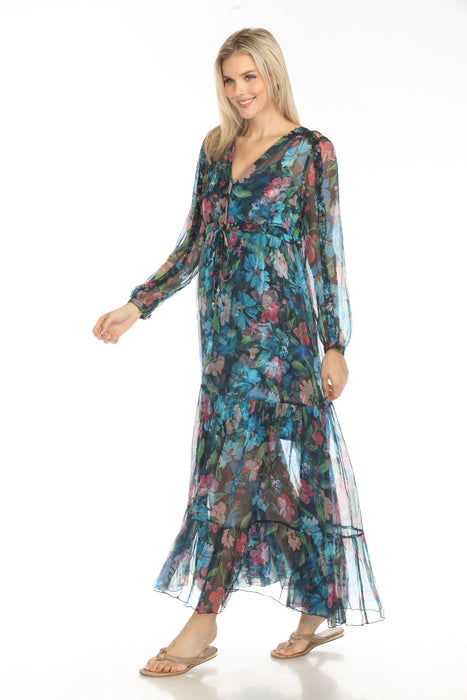 Johnny Was Jade Blue Mabel Floral Silk Maxi Dress L32524-E