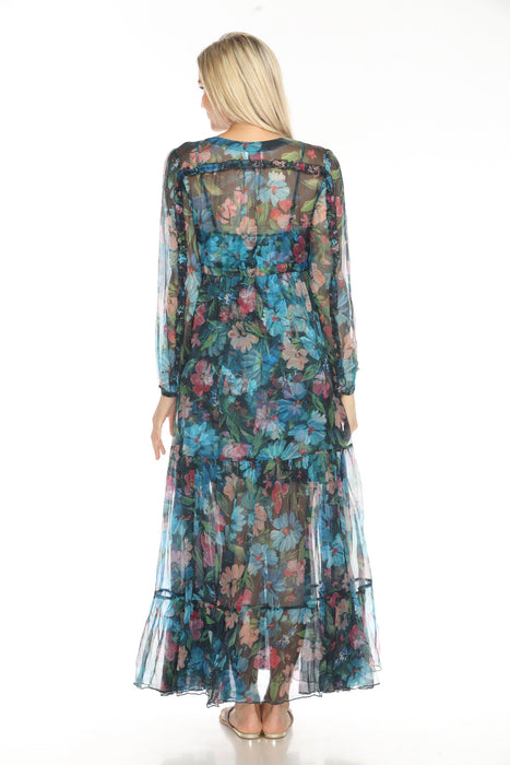 Johnny Was Jade Blue Mabel Floral Silk Maxi Dress L32524-E
