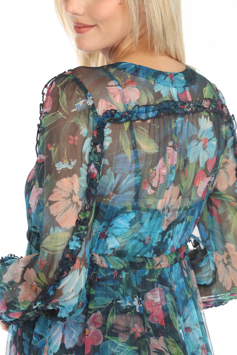 Johnny Was Jade Blue Mabel Floral Silk Maxi Dress L32524-E