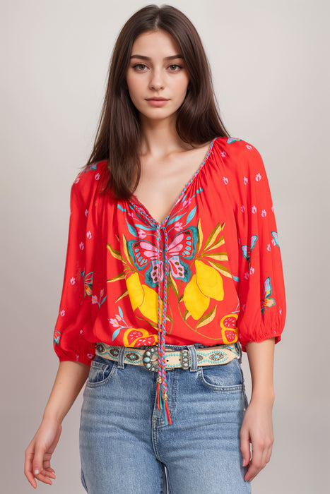 Johnny Was Jade Red Monaco Peasant Blouse L14725-4