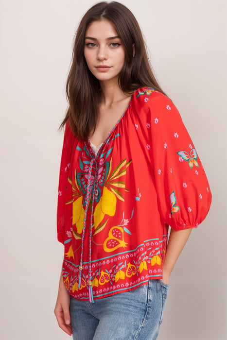 Johnny Was Jade Red Monaco Peasant Blouse L14725-4