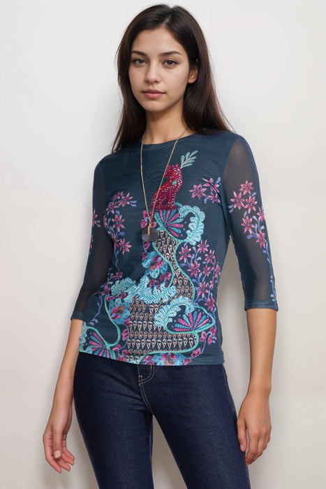 Johnny Was Jade Navy Natalie 3/4 Mesh Tee L10325-2 Petite