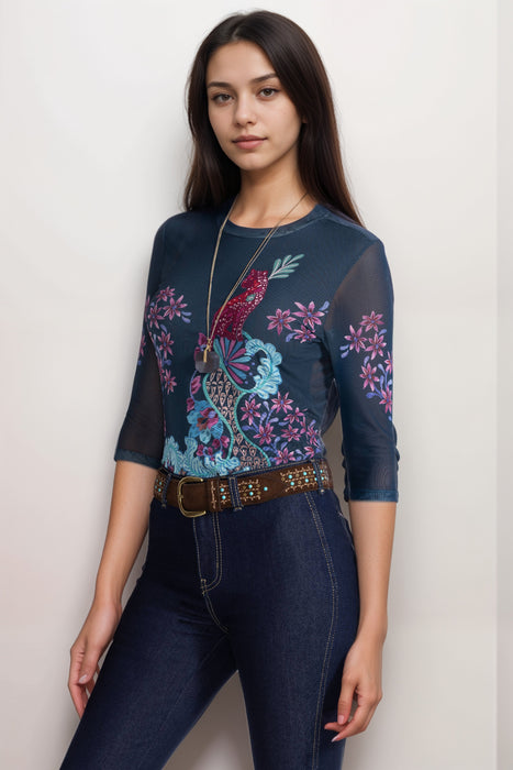 Johnny Was Jade Navy Natalie 3/4 Mesh Tee L10325-2 Petite