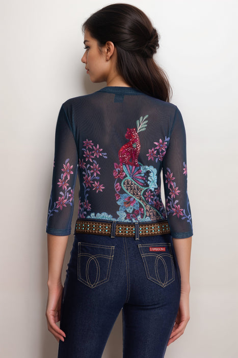 Johnny Was Jade Navy Natalie 3/4 Mesh Tee L10325-2 Petite