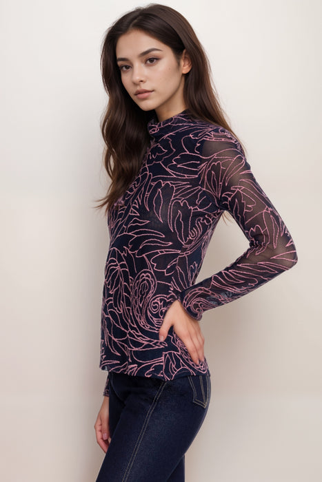 Johnny Was Jade Rebecca Mesh Mock Neck Long Sleeve Tee L17424-9