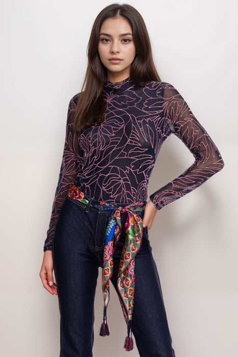 Johnny Was Jade Rebecca Mesh Mock Neck Long Sleeve Tee L17424-9