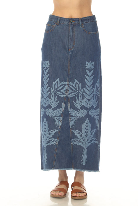 Blue maxi denim skirt with white leaf pattern and frayed hem from Johnny Was