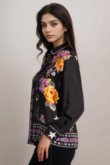 Johnny Was Jade Black Rosalynda Floral Button Down Shirt L19825-1