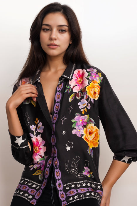 Johnny Was Jade Black Rosalynda Floral Button Down Shirt L19825-1