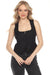 Woman wearing black tailored vest with button front closure and square neckline