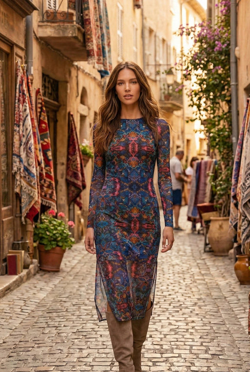 Woman wearing a colorful printed mesh midi dress with long sleeves and side slit from Johnny Was