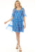 Woman wearing a blue floral silk dress with tiered ruffles and square neck from Johnny Was