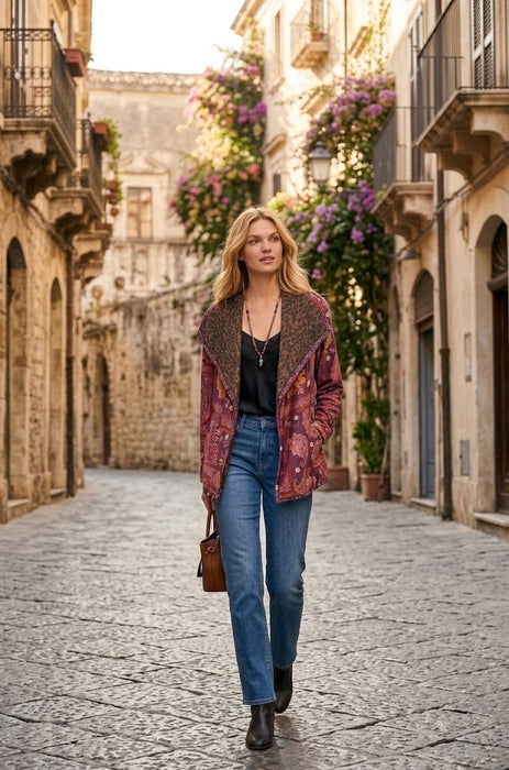 A woman walking down a cobblestone street in an old European town, wearing a patterned bohemian-style jacket with a brown suede-like collar, blue jeans, and black ankle boots.