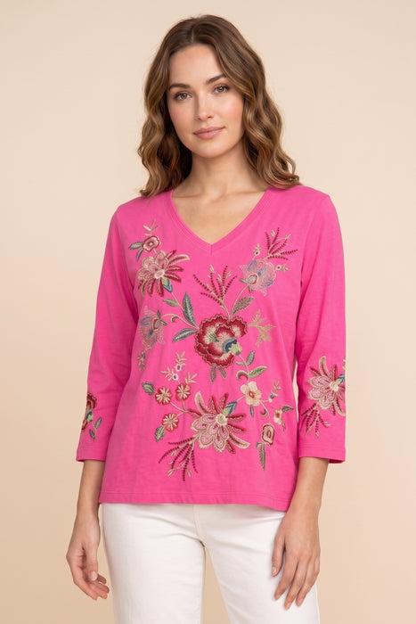 Johnny Was Junie 3/4 Sleeve Trapunto V-Neck Tee J10226-1