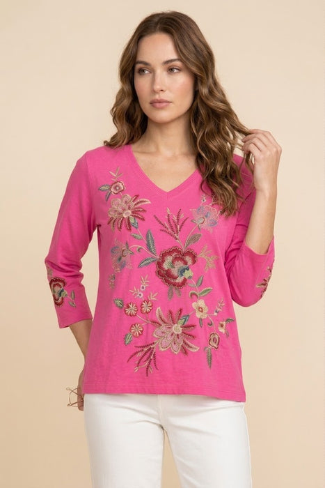 Johnny Was Junie 3/4 Sleeve Trapunto V-Neck Tee J10226-1