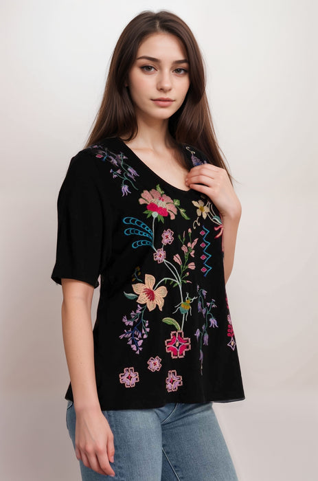 Johnny Was JWLA 3/4 Sleeve Trapunto V-Neck Tee J11425-2 *