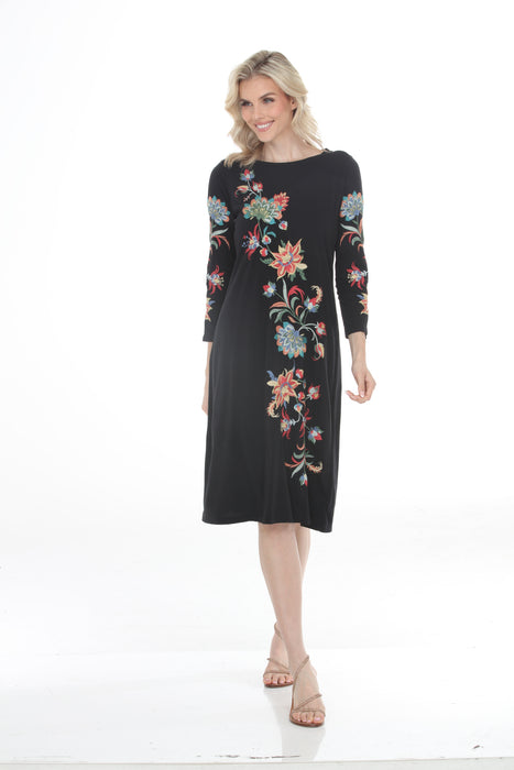 Johnny Was Black Floral Embroidered 3/4 Sleeves Dress J12343
