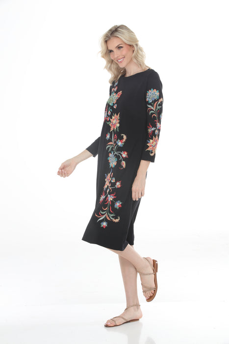 Johnny Was Black Floral Embroidered 3/4 Sleeves Dress J12343