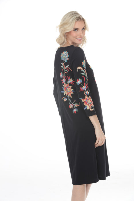 Johnny Was Black Floral Embroidered 3/4 Sleeves Dress J12343