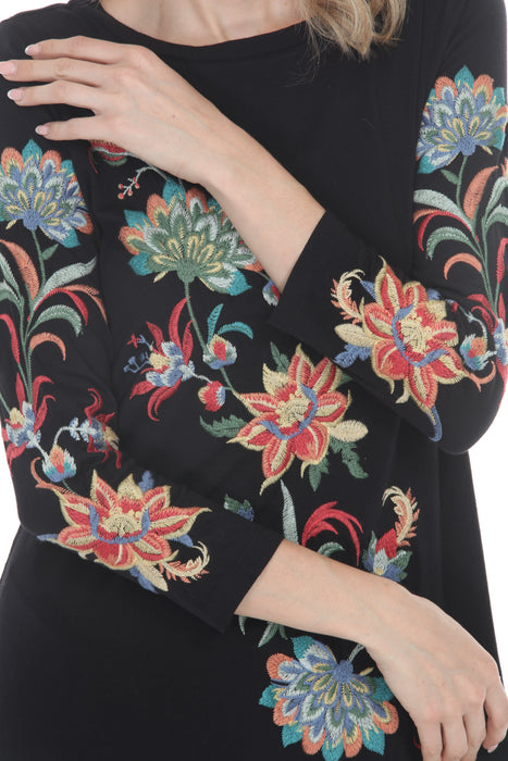 Johnny Was Black Floral Embroidered 3/4 Sleeves Dress J12343