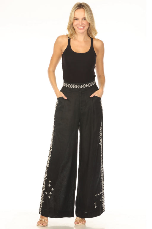 Johnny Was JWLA Style J62025-1 Black Linen Embroidered Catia Wide Leg Pants