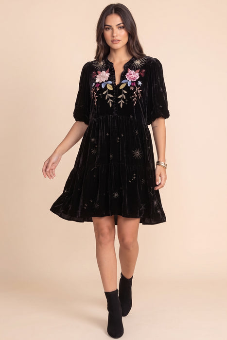 Johnny Was JWLA Black Celestin Velvet Puff Sleeve Dress J35722-8
